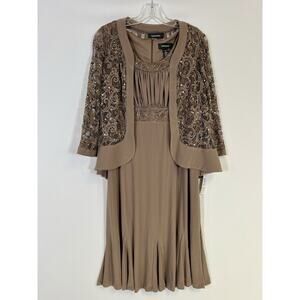 NWT R&M Richards Women’s 2 Piece Sequin Lace Dress ¾ Sleeve Jacket Taupe Size 6